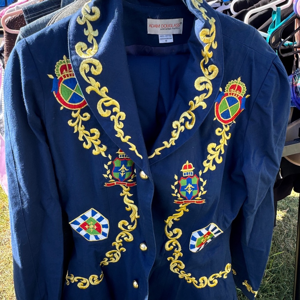 Adrianna Papell Navy and Gold Embroidered Blazer + Skirt